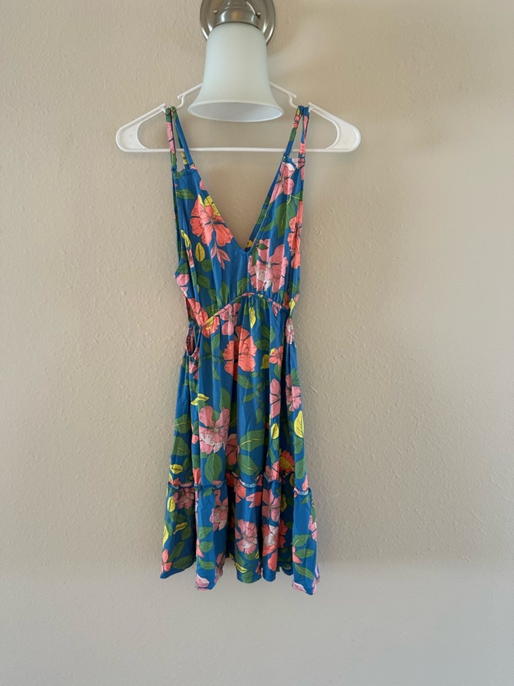 Maaji Blue Tropical Wrap Top with Pink and Yellow Florals